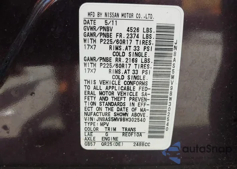 2011 Nissan Rogue Sv z USA, uszkodzony, nr VIN JN8AS5MV9BW302540